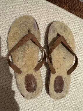 UGG Cream Shearling Flip Flops with Chestnut Brown Straps